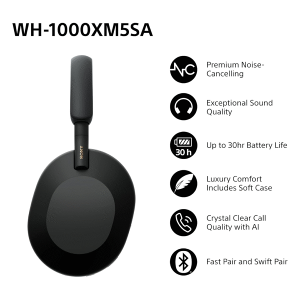 Sony WH-1000XM5SA | Premium Wireless Over-Ear Headphones | Noise Cancelling | 30hr Battery | Hi-Res Audio | Bluetooth | 3.5mm Jack | Black | Soft Case Included - Image 11