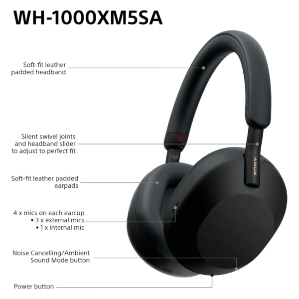 Sony WH-1000XM5SA | Premium Wireless Over-Ear Headphones | Noise Cancelling | 30hr Battery | Hi-Res Audio | Bluetooth | 3.5mm Jack | Black | Soft Case Included - Image 5