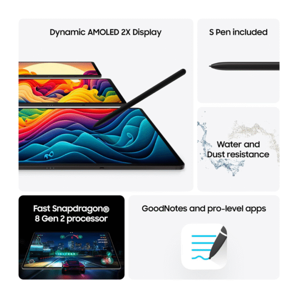 Samsung Galaxy Tab S9 | 11" Dynamic AMOLED 2X | 8GB RAM | 128GB Storage | Snapdragon 8 Gen 2 | Wi-Fi 6 | Android 13 | Gray | IP68 Water Resistant | S Pen Included - Image 9